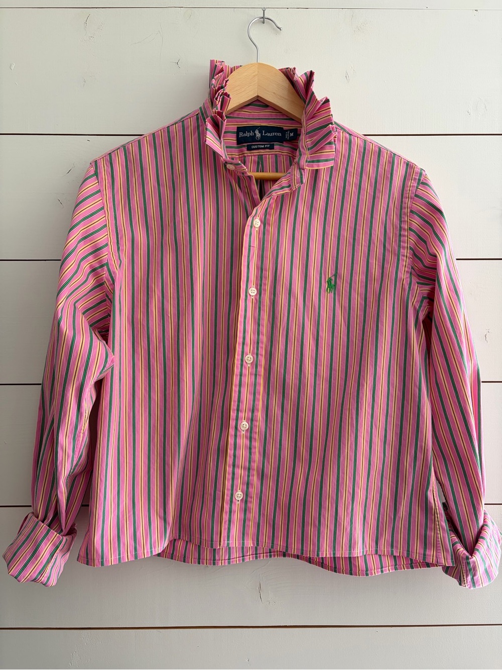 Viral Reworked Upcycled RALPH LAUREN Pink Stripe Shirt Ruffle Collar, Medium